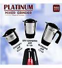 Platinum Mixer Grinder 500W with 3 Stainless Steel Jars And Anti-Rust Stainless Steel Blades, Ergonomic Handles, 5 Years Warranty On Motor, Black & Crimson